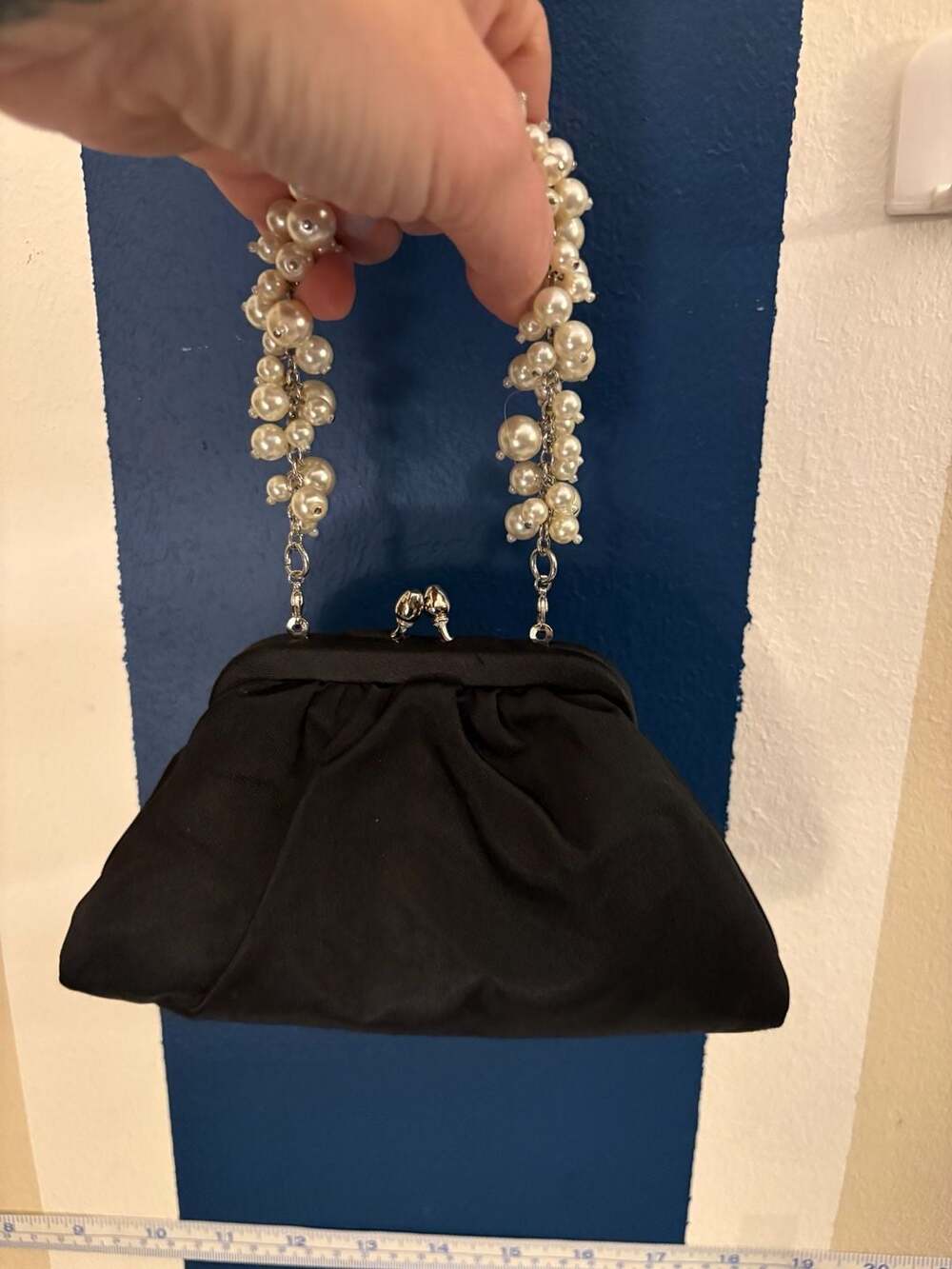 Valerie Stevens Black Satin Evening Bag with Faux Pearl Handle and Cord Strap